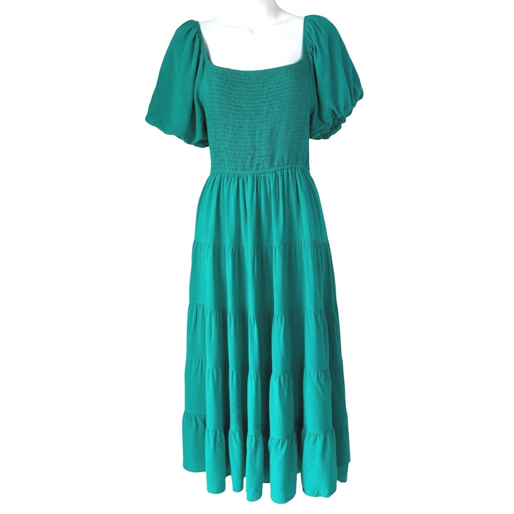 Smocked Tiered Coquette Midi Dress Medium Green Puff Sleeve Cottagecore Flowy